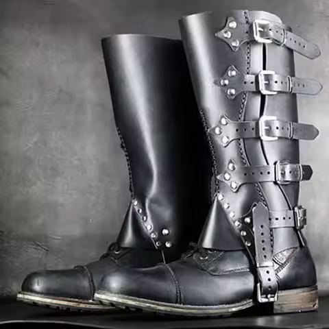 Medieval Viking Pirate Costume Leather Leg Armor Steampunk Gothic Greaves Gaiter Motorcycle Shoes Bo