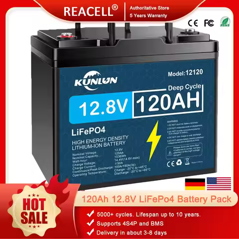 REACELL12V 120Ah LiFePo4 Battery Pack 4S4P 100A BMS For RV,Boat Motors,Solar Powerlar Wind 12.8V Lit