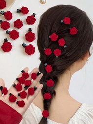 10入組紅色絨面花和樹脂夾子,迷你紅色玫瑰髮夾適用於聖誕節、新年或婚禮新娘