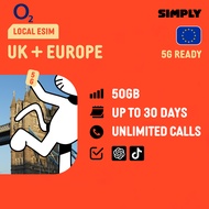 SIMPLY [eSIM] O2 UK/Europe 30 Days 50GB + Calls/SMS | Local UK eSIM | No Registration Required