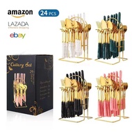 24-Piece Set Stainless Steel Tableware Cutlery Cutlery Spoon Marble Ask Hotel Steak Knife Storage Ra