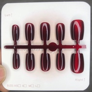 10PCS Cat Eye Crystal False Nails Deep Red Cat Eye Wearing Nails