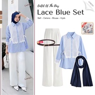 Lace Blue Set (Blouse, Pants, Hijab) Trendy Feminine Girly Oneset - GNK083