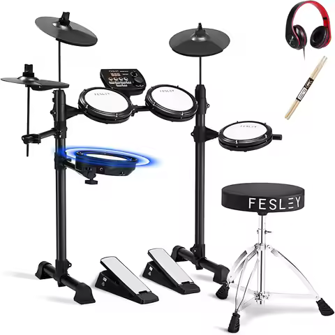 Fesley FED150W Electric Drum Set: Electronic Drum Set with 4 Quiet Mesh Drum Pads,Dual Zone Snare Dr
