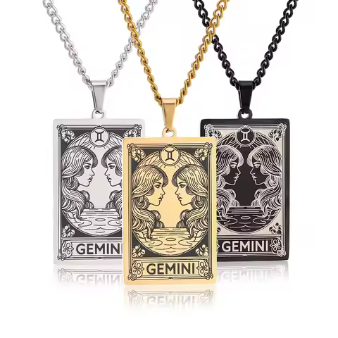 12 Zodiac Sign Necklace For Women Men Horoscope Square Tarot Pendant Necklace Stainless Steel 12 Con