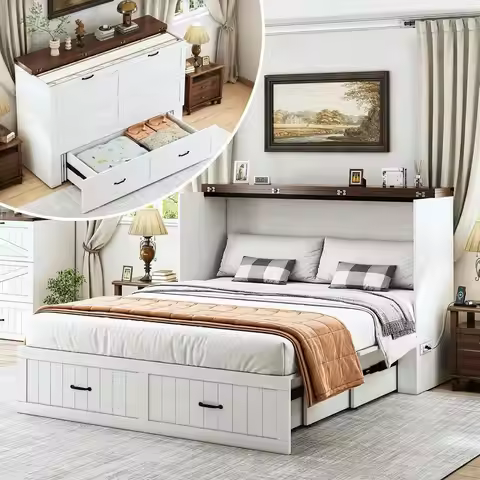 Murphy Bed with Storage & Charging Station, Cabinet Bed with Large Desk, Hideaway Platform Bed for G
