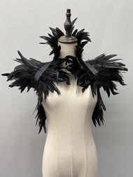 件女士天然羽毛圍巾 - 性感哥德式羽毛肩巾/披肩，配有豪華黑色羽毛，適合角色扮演