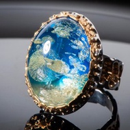 8號戒指 天然藍琥珀戒指 手工製作 金色閃耀