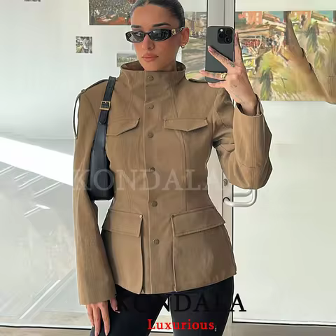KONDALA Vintage Office Lady Blazer Khaki Solid Stand Collar Single Breasted Pockets Blazer New Fashi