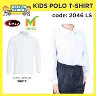 T-shirt putih berkolar lengan panjang kain cotton / pra-sekolah / sekolah rendah / baju sukan berkol