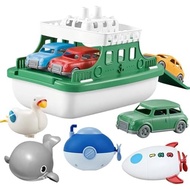 Ferry Boat with 4 Car and 4 Wind Up Bath Swimming Toys, Kids Bath Toy Floating Vehicle Whales Submar