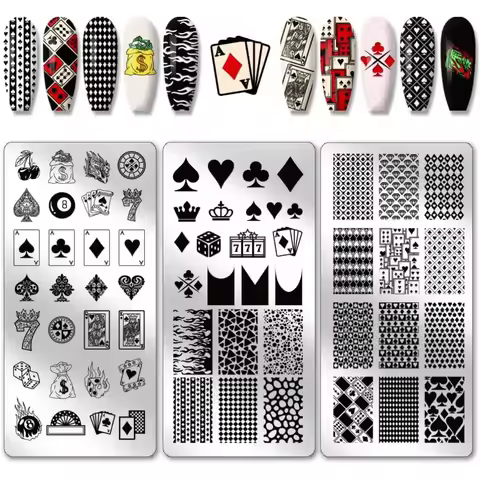 3pcs Poker Elements Nail Stamping Plates Diamonds Clubs Art Templates Textured Art Stencil Stainless