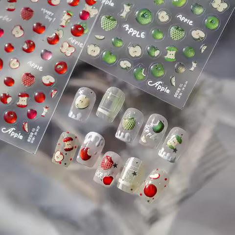 Jelly Nail Stickers Vivid Red Green Apple Nail Art Accessories 5D Stickers Fresh Fruits Adhesive Nai