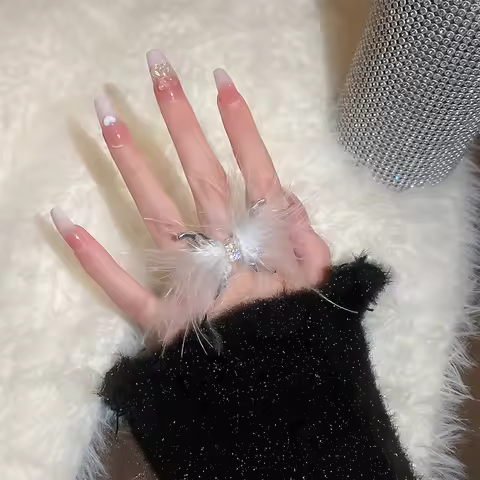 Feathered Butterfly Open Rings For Nail Photoshoot Plush Handicraft Photographic Nail Ring Studio Na