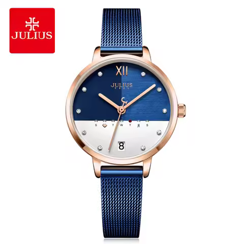 Julius Watch Stainless Steel Mesh Band Elegant Women's Business Watch With Calendar Day Rose Gold Mu