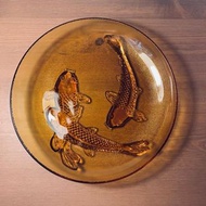懷舊 早期 琥珀色 鯉魚造型 玻璃盤