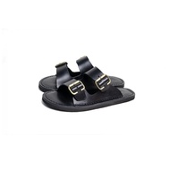 Vegetable Tanned Leather Slippers Sandals _ Black Vegetable Tanned Leather Men Women Version 35~45