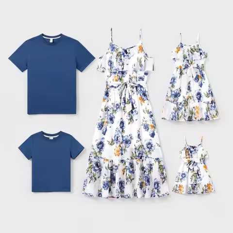 PatPat Matching Family Outfits Blue Cotton T-Shirts or Floral Print Ruffle Strap Belted Dress Summer