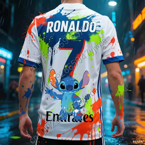 Stitch Cartoon Ronaldo NO.7 Football Sportswear Short Sleeved T-Shirt Loose Quick Drying Children'S 