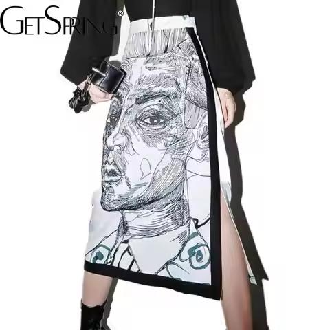 gestring Women Skirt Long Split Print Character High Waist Skirts Color Matching Vintage All Macth S