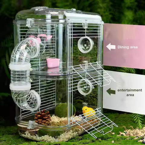 Hamster Cage Double Layer Iron Wire Fun Interactive Mice Small Animal Castle House with Water Bottle