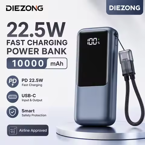New 10000mAh Mini Power Bank 22.5w Portable Charger Built-in USB C Cable PD 3.0 Fast Charging for IP