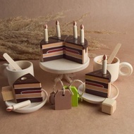 木製茶具，附蛋糕和蠟燭，適合幼兒木製玩具廚房玩具