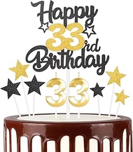 Black Gold 33th Birthday Candles Cake Topper Set, 3D Golden Number 33 Candle for Cakes, Girls Boys 3