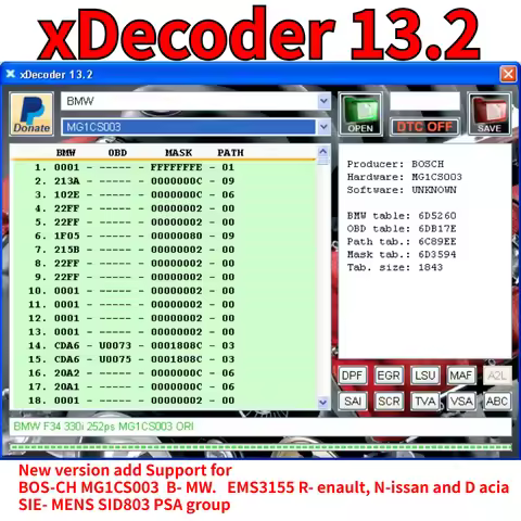 2025 Xdecoder 13.2 Version DTC OFF Delete Remover Disable Error Off DTCRemover Supported ECU Files A