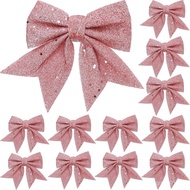 YUNLI Pek 12 busur Krismas, busur pokok Krismas, busur bergemerlapan merah jambu, hiasan pokok Krism