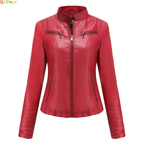 2026 Women's Bright Red V-neck Leather Jacket, Fashion Slim PU Coat, Black Short Outerwear Asia Size