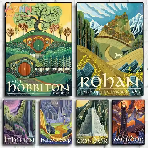 AZNM Lord Of The Rings Canvas Wall Art, Middle Earth Hobbiton Rohan Gondor Print, Fantasy Movie Home