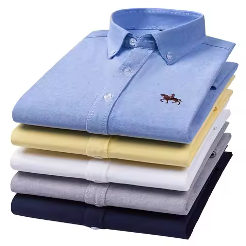 100% Pure Cotton Men's Long Sleeve Shirt Business Casual Solid Color Embroidered Oxford Spun Shirt
