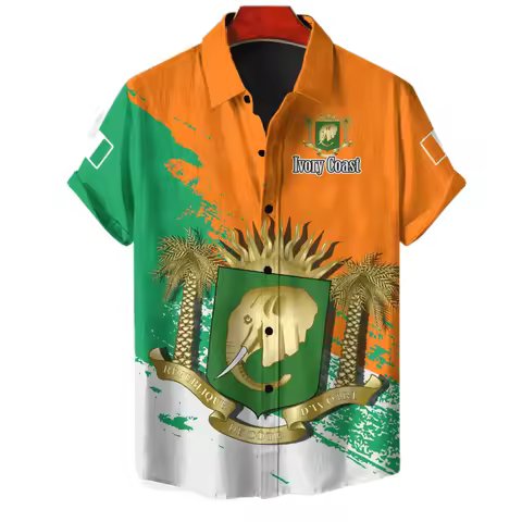 Ivory Coast Map Flag Short Sleeve Shirts For Men Clothes Africa Zone National Emblem Blouses Animal 