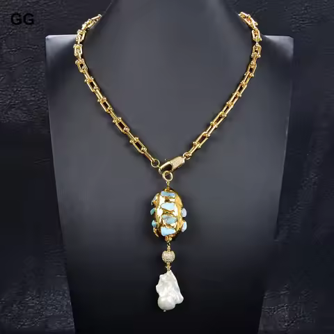 G-G Gold Color Plated Chain Statement Necklace Blue Larimar Freshwater White Keshi Pearl Pendant Nec