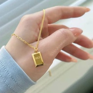 pure real 18K Saudi gold Pawnable Legit rich small gold brick necklace good luck high-quality gold bar titanium steel clavicle chain female