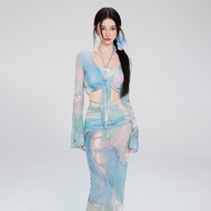 Swimsuit Set Women Tie-Dye | 4-Piece Rashguard Bikini + Sheer Cover-Up | UV Protection For Surfing &