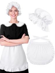 2 Pieces Colonial Costume Accessory Set Include White Mob Cap Bonnets for Women and Cosplay Half Apr