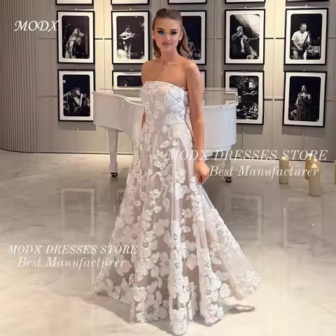 MODX Luxury Lace Embroidery Floral Pattern Wedding Dress Sleeeveless Bridal Gown Floor Length Custom