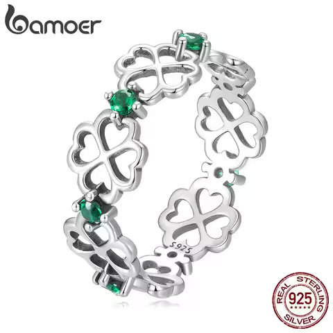BAMOER 925 Sterling Silver Ring Four Leaf Clover Good Luck Band Ring for Women Girl Fashion Gifts Co