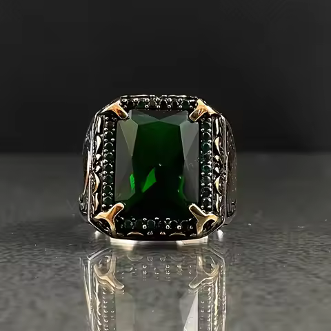 New Fashion Classic Zun Gemstone Two Color Art Engraved Ring Vintage Men's Ring Red Gemstone, Blue G