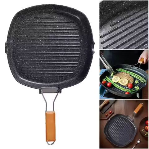 Portable Hand Forging Cast Iron Pan Foldable Non Stick Picnic Grill Pan Wooden Handl no Lid Steak Fr