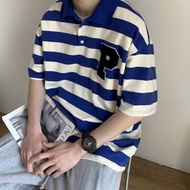 Korean Style Striped polo shirt For Men Half Sleeve Oversized Stripes Round Neck Polo T shirt Mens Fashion Embroidery Trend Polo Man