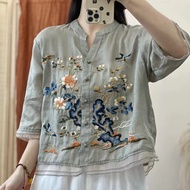 NW M-3XL Korean Literary Retro Embroidery Shirt Top Heavy Industry Embroidery Button High End Cotton