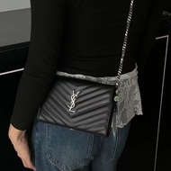 YSL聖羅蘭 ENVELOPE黑銀魚子醬信封鏈條包 斜背肩背包