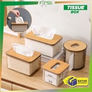 FH-C999 Aesthetic Transparent Tissue Holder with Minimalist Wooden Lid / Tissue Box Tissue Container