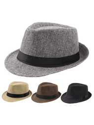 男士亞麻布fedora帽,頂部呈現垂墜狀trilby帽,短邊潮流帽款