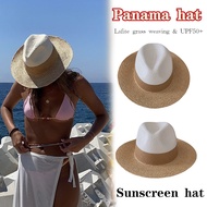Summer Lafite Grass Spliced Fashion Sunshade Straw Hat Womens Wide Brim Jazz Beach Hat Holiday UV Protection Sunscreen Sun Hat