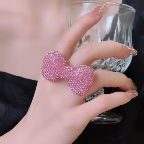 Adjustable Pink Bow Rings Sparkle Bow Sweet Shiny Women Finger Ring Bowknot Opening Rings Y2k Millen