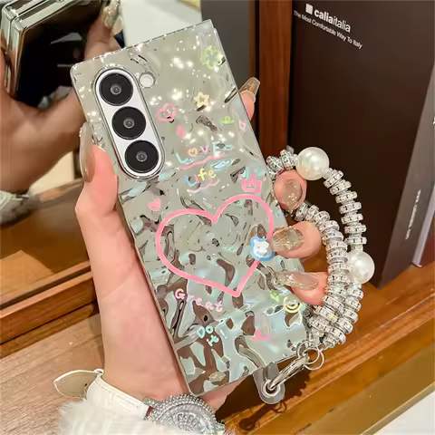 Electroplated Irregular Pattern Love Heart Star Phone Case with Bracelet for Galaxy Z Fold 5 Z Fold5